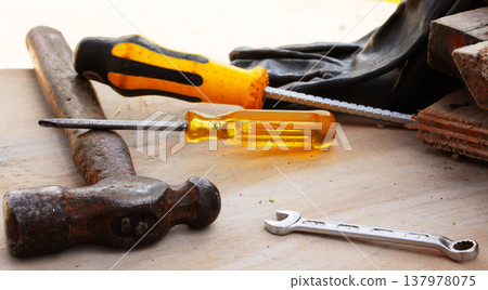 Assorted carpentry tools, wrench and scattered screws resting on rustic wood.International Workers' Day concept Assorted carpentry tools, wrench and scattered screws resting on rustic wood.International Workers' Day concept 137978075