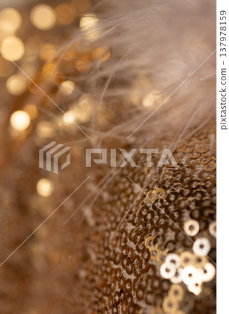 Vertical picture of gold glitter fabric with metallic shimmers and feathers. Bokeh background.Golden sequins in the form of rings. Close-up Vertical picture of gold glitter fabric with metallic shimmers and feathers. Bokeh background.Golden sequins in the form of rings. Close-up 137978159
