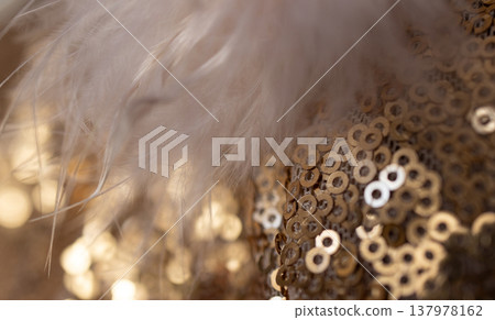 Horizontal gold glitter fabric with metallic shimmers and feathers. Luxurious product background.Golden sequins in the form of rings. Close-up Horizontal gold glitter fabric with metallic shimmers and feathers. Luxurious product background.Golden sequins in the form of rings. Close-up 137978162