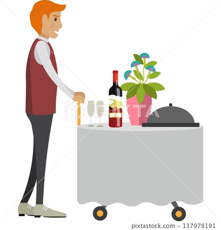 Hotel room service, waiter delivering dinner on trolley cart vector icon Hotel room service, waiter delivering dinner on trolley cart vector icon 137978191