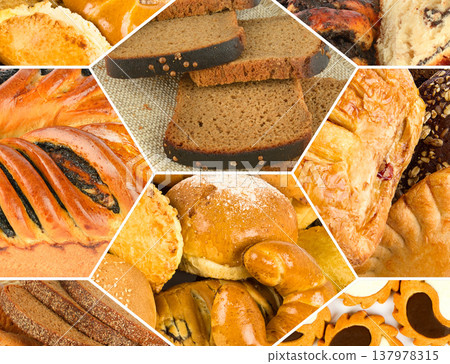 Diverse collection of bakery products including dark rye bread, sweet rolls with poppy seeds, and flaky croissants arranged in a geometric multi-frame mosaic for food design. Diverse collection of bakery products including dark rye bread, sweet rolls with poppy seeds, and flaky croissants arranged in a geometric multi-frame mosaic for food design. 137978315