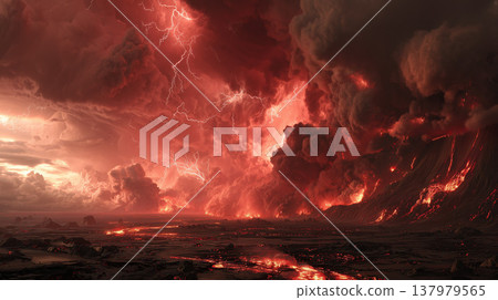 一張戲劇災難背景圖片，展現了熾熱的火山爆發和蔓延的熔岩流。 137979565
