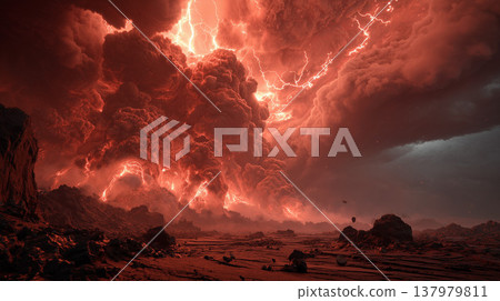 一張戲劇災難背景圖片,展現了熾熱的火山爆發和蔓延的熔岩流。 一張戲劇災難背景圖片,展現了熾熱的火山爆發和蔓延的熔岩流。 137979811