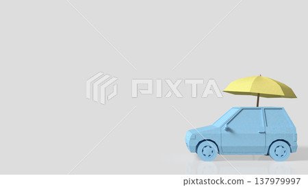 Bright Yellow Umbrella Protecting Blue Car Minimal Concept Scene 3d render. Bright Yellow Umbrella Protecting Blue Car Minimal Concept Scene 3d render. 137979997