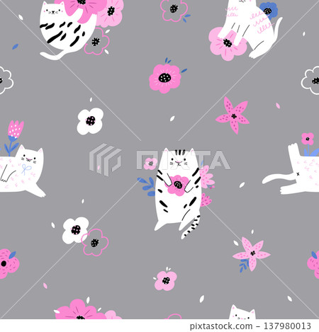 Cute cats and flowers seamless pattern for textile, fabric, wallpaper Cute cats and flowers seamless pattern for textile, fabric, wallpaper 137980013
