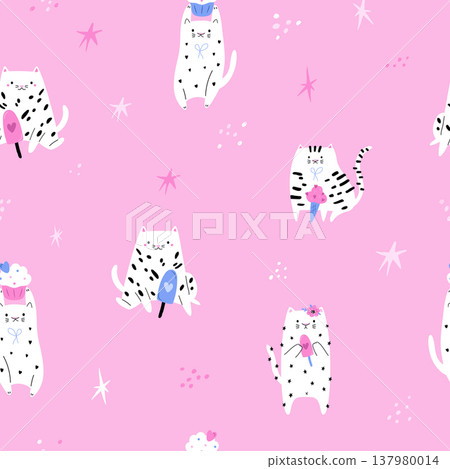 Cute cartoon cat with ice cream and popsicle - vector illustration Cute cartoon cat with ice cream and popsicle - vector illustration 137980014