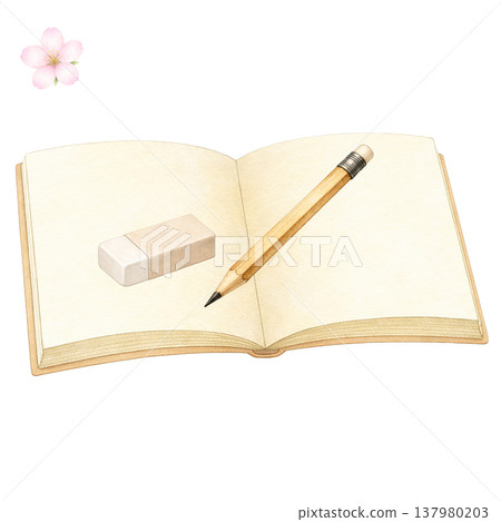 簡潔的設計，包含打開的筆記本、鉛筆、橡皮擦和櫻花；春季學習文具；白色背景；教育圖片。 137980203