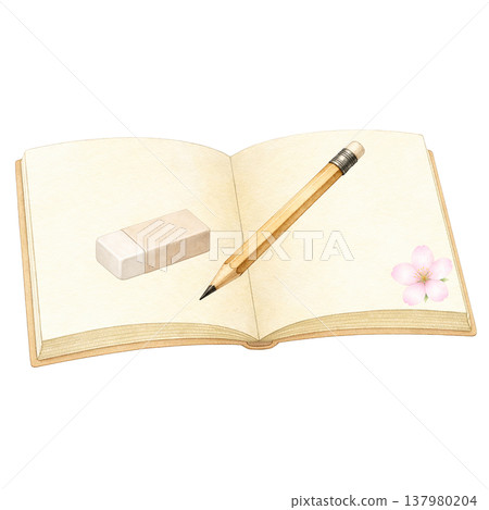 簡潔的設計，包含打開的筆記本、鉛筆、橡皮擦和櫻花；春季學習文具；白色背景；教育圖片。 137980204