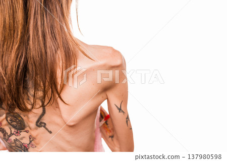 Woman showing body with eating disorder concept Woman showing body with eating disorder concept 137980598