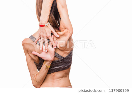 Woman with anorexia showing visible bones and skin Woman with anorexia showing visible bones and skin 137980599