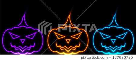 Purple, orange and blue neon Halloween pumpkins abstract holiday background Purple, orange and blue neon Halloween pumpkins abstract holiday background 137980780
