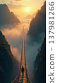Brave traveler walking on narrow suspension bridge over sea of dense fog pierced by golden evening sunlight. 137981266