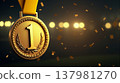 Detailed image of luxurious gold medal with number "1" and decorative ornament on yellow ribbon in focus against blurred sports arena lights and flying gold confetti. 137981270