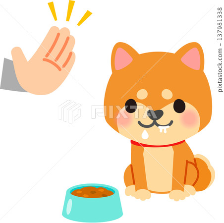 A Shiba Inu sitting in front of a bowl of food, drooling, and an open palm. 137981338