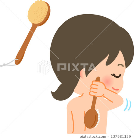 A woman scrubbing her back with a body brush. 137981339