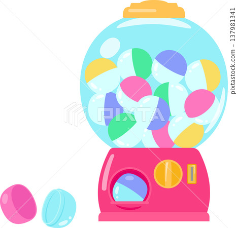 A round capsule toy machine with capsules coming out of the dispenser. A round capsule toy machine with capsules coming out of the dispenser. 137981341