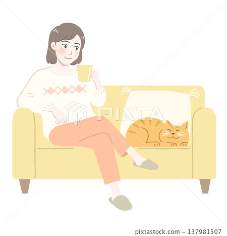 An illustration of a woman relaxing on a sofa with a cat. 137981507
