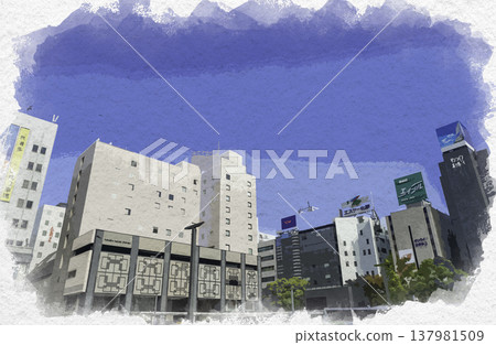 福岡縣福岡市博多站築紫出口水彩畫。 福岡縣福岡市博多站築紫出口水彩畫。 137981509