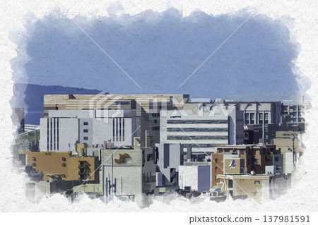 Watercolor style view from the observation terrace at Hakata Station in Fukuoka, towards Nakasu-Kawabata, Fukuoka City, Fukuoka Prefecture. Watercolor style view from the observation terrace at Hakata Station in Fukuoka, towards Nakasu-Kawabata, Fukuoka City, Fukuoka Prefecture. 137981591