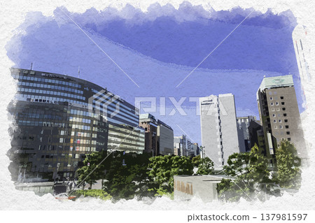 福岡縣福岡市博多通街博多站博多口的水彩畫。 福岡縣福岡市博多通街博多站博多口的水彩畫。 137981597