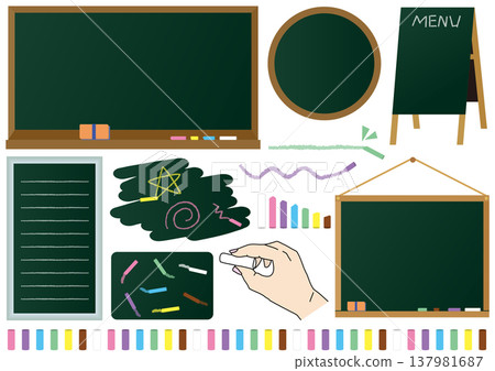 A set of hand-drawn style illustrations of a blackboard and chalk (school/educational materials). A set of hand-drawn style illustrations of a blackboard and chalk (school/educational materials). 137981687