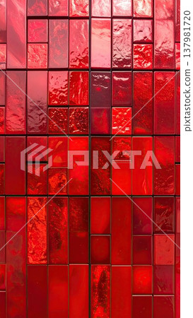 人工智慧圖像：一面貼著閃亮紅色磁磚的牆。 137981720