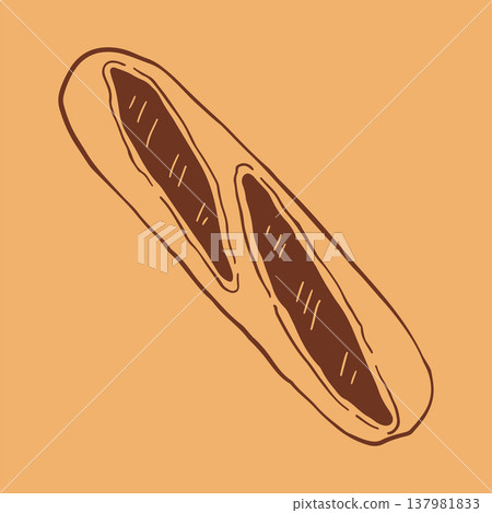 Vector illustration of a long French baguette with characteristic diagonal crust cuts. Hand drawn brown line art icon of fresh bread for bakery menu and gourmet food design Vector illustration of a long French baguette with characteristic diagonal crust cuts. Hand drawn brown line art icon of fresh bread for bakery menu and gourmet food design 137981833