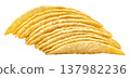 Stack of crispy golden potato chips isolated. Tasty salty snack food in a neat horizontal row. Perfect for grocery, food industry and catering themes. High quality studio shot. 137982236