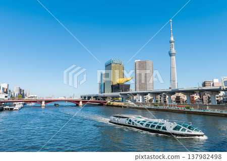 The Emeraldas water bus sailing on the Sumida River in Asakusa. The Emeraldas water bus sailing on the Sumida River in Asakusa. 137982498
