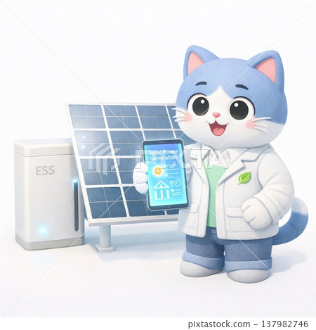 一隻3D貓咪角色管理太陽能發電。再生能源、永續發展目標、環境管理。 137982746