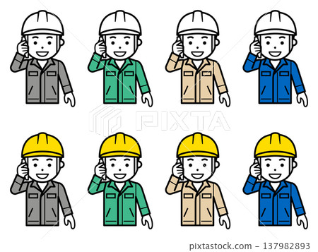 An icon of a man wearing a helmet and work clothes making a phone call on his smartphone. (Part 2) An icon of a man wearing a helmet and work clothes making a phone call on his smartphone. (Part 2) 137982893