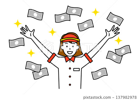 快餐店裡，一名女員工看到鈔票漫天飛舞，歡呼雀躍。 137982978