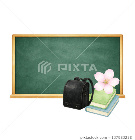 Simple design featuring a blackboard, schoolbag, books, and cherry blossoms; suitable for school entrance ceremonies; white background. 137983258
