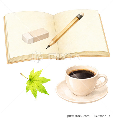 簡單的元素：一本打開的筆記本、一支鉛筆、一杯咖啡和新鮮的綠葉。辦公桌，白色背景，自然畫面。 137983303
