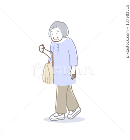 圖解:一位駝背的老婦人走路。 圖解:一位駝背的老婦人走路。 137983318