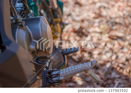 Mechanical details of the motorcycle's footpegs and engine area. 137983502