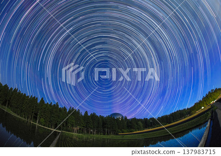 Fukui Prefectural Dinosaur Museum and the trails of stars adorning the night sky: A starscape created by comparative light stacking. Fukui Prefectural Dinosaur Museum and the trails of stars adorning the night sky: A starscape created by comparative light stacking. 137983715