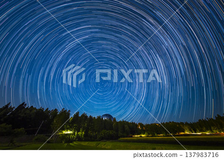 Fukui Prefectural Dinosaur Museum and the trails of stars adorning the night sky: A starscape created by comparative light stacking. Fukui Prefectural Dinosaur Museum and the trails of stars adorning the night sky: A starscape created by comparative light stacking. 137983716
