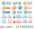 Water hot, cold, H2O heating, cooling temperature regulation, liquid freeze, humidity level. Sun and snowflake. Climate control. Warm summer, winter rain snow weather. Cooler, heater equipment. Vector 137983850