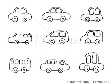 A set of simple, hand-drawn illustrations (line art) of familiar vehicles such as cars. A set of simple, hand-drawn illustrations (line art) of familiar vehicles such as cars. 137983857