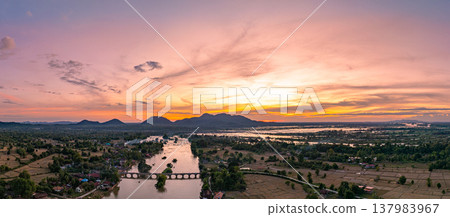 Aerial Landscape of the Red Bridge and Mekong River Valley at Sunset Aerial Landscape of the Red Bridge and Mekong River Valley at Sunset 137983967