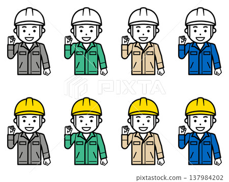 一個頭戴頭盔、穿著工作服的男人擺出勝利姿勢的圖示。第二部分 137984202