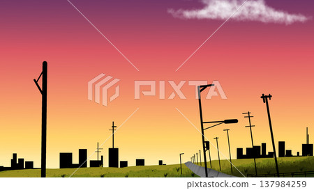 A horizontal background illustration of a road bathed in the sunset. A horizontal background illustration of a road bathed in the sunset. 137984259