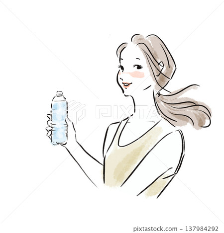 一幅自然風格的日本女性補水插畫(水彩風格,廣告素材) 一幅自然風格的日本女性補水插畫(水彩風格,廣告素材) 137984292