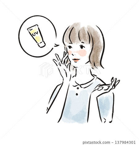 Natural-looking illustration of a Japanese woman's sun protection measures (watercolor style, advertising material) 137984301