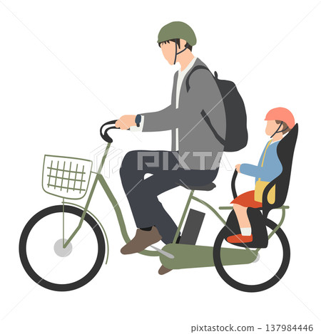 一幅插圖,描繪了一位父親騎著自行車,孩子坐在後座。 一幅插圖,描繪了一位父親騎著自行車,孩子坐在後座。 137984446