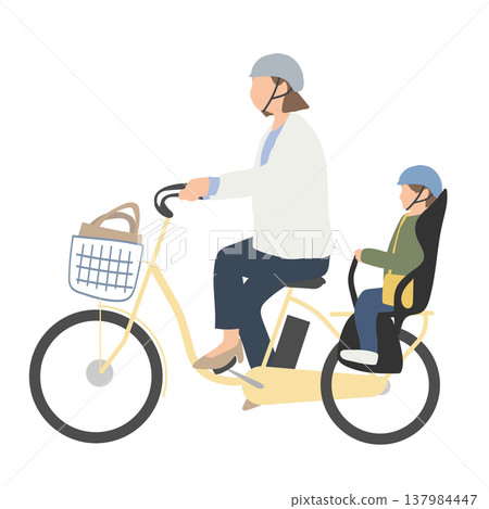 一幅插圖，描繪了一位母親騎著自行車，孩子坐在後座上，接送他們往返托兒所。 137984447