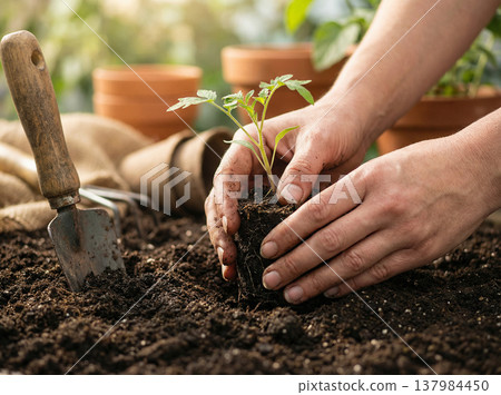 畫面中,人們將幼苗栽種在土壤中,精心培育新芽,展現了園藝和自然的景象。 畫面中,人們將幼苗栽種在土壤中,精心培育新芽,展現了園藝和自然的景象。 137984450