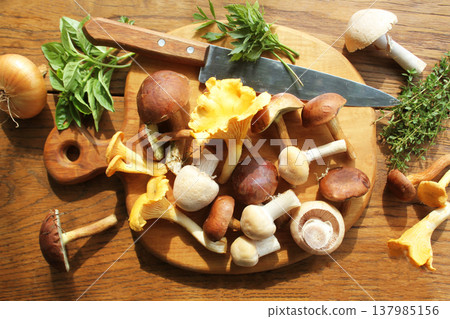 Fresh Wild Mushrooms and Herbs on Wooden Cutting Board 137985156