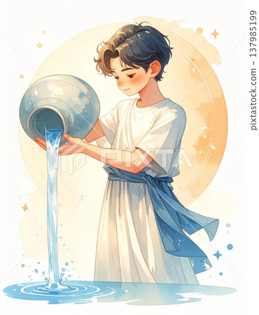 Watercolor illustration of a boy holding a water jug | Zodiac sign/horoscope motif #3 / Material for flyers and posters 137985199